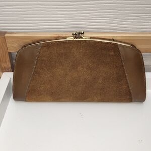 Vintage Baronet Brown Suede Leather Kiss Lock Clutch Change Purse Wallet